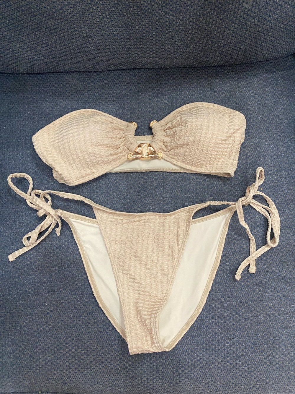 Textured Beige Bandeau Bikini Set with Gold Accent